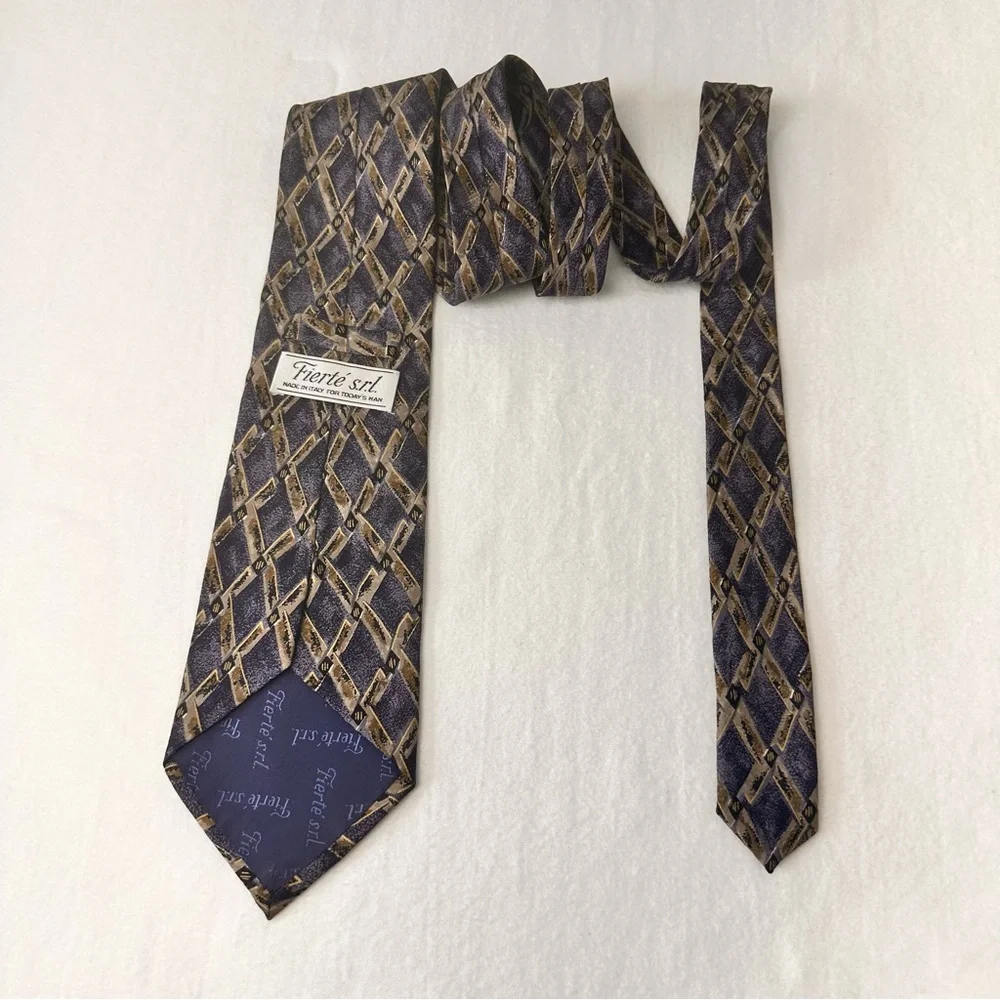 Fierte S.r.l Men's Vintage Tie Grey Multicolor Geometric Silk Handmade Necktie - Picture 8 of 9